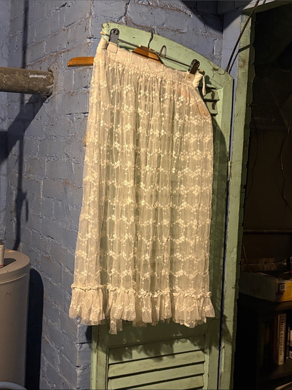 Lace Overlay Ivory Midi Skirt with Ruffle Hem